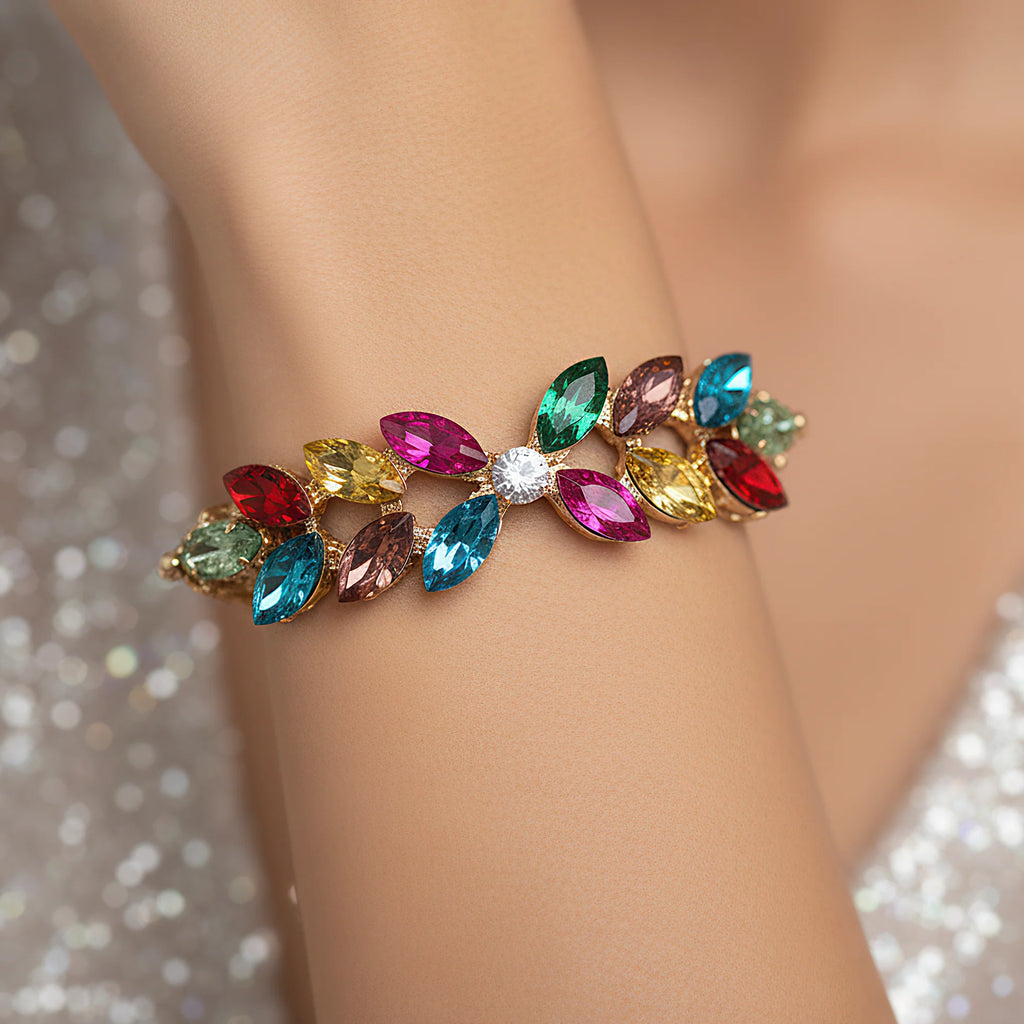 Multi Crystal Leafe Style Chain Bracelet