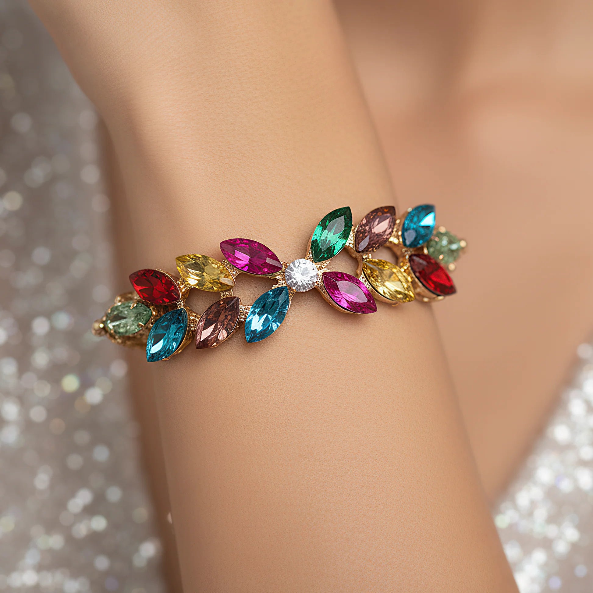 Multi Crystal Leafe Style Chain Bracelet